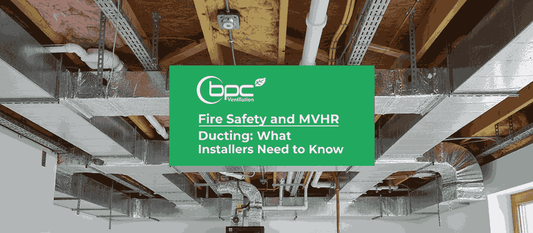 MVHR ducting with fire damper and fire stopping system preventing smoke and fire spread in building