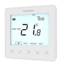 Heatmiser neoStat 12V programmable room thermostat with illuminated display and modern white finish