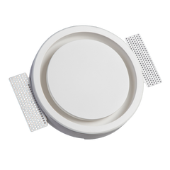 Round white light fixture with metallic trim on a white background