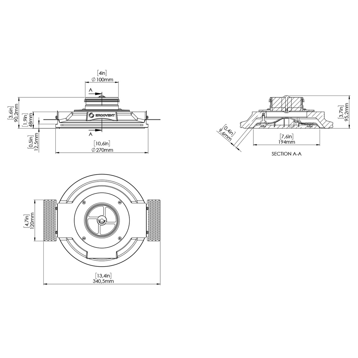 ErgoVent RONDO flush mounted air valve round 100mm - Coanda Effect