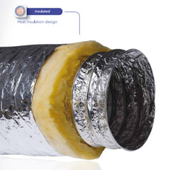 Insulated flexible ducting with a silver outer layer and yellowish inner layer, designed for ventilation systems.